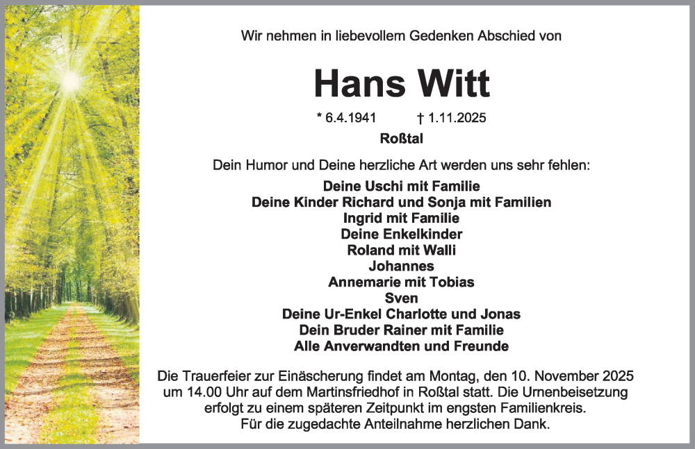  Traueranzeige für Hans Witt vom 07.11.2025 aus Fürther Nachrichten Lokal