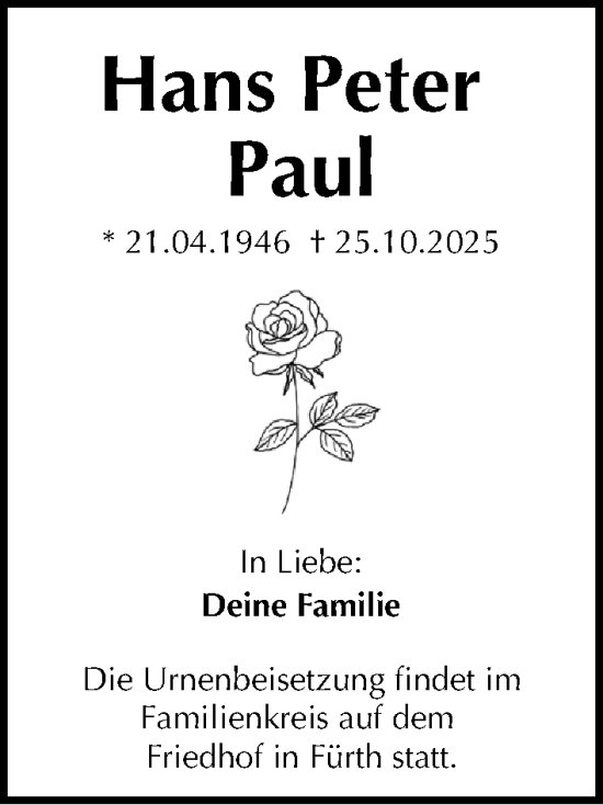 Traueranzeige von Hans Peter Paul von Fürther Nachrichten Lokal