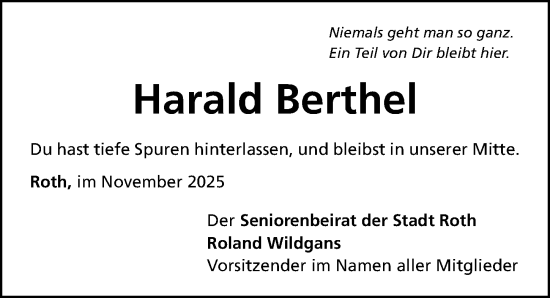 Traueranzeige von Harald Berthel von Roth-Hilpoltsteiner Volkszeitung Lokal