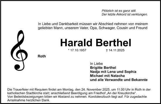 Traueranzeige von Harald Berthel von Roth-Hilpoltsteiner Volkszeitung Lokal