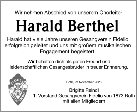 Traueranzeige von Harald Berthel von Roth-Hilpoltsteiner Volkszeitung Lokal