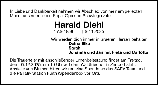 Traueranzeige von Harald Diehl von Gesamtausgabe Nürnberger Nachrichten/ Nürnberger Ztg.