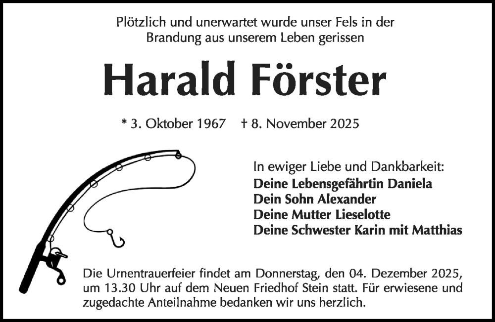 Traueranzeige für Harald Förster vom 01.12.2025 aus Gesamtausgabe Nürnberger Nachrichten/ Nürnberger Ztg.