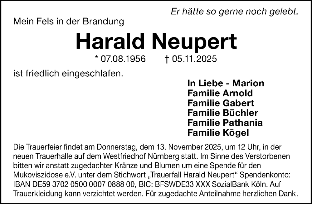  Traueranzeige für Harald Neupert vom 12.11.2025 aus Gesamtausgabe Nürnberger Nachrichten/ Nürnberger Ztg.