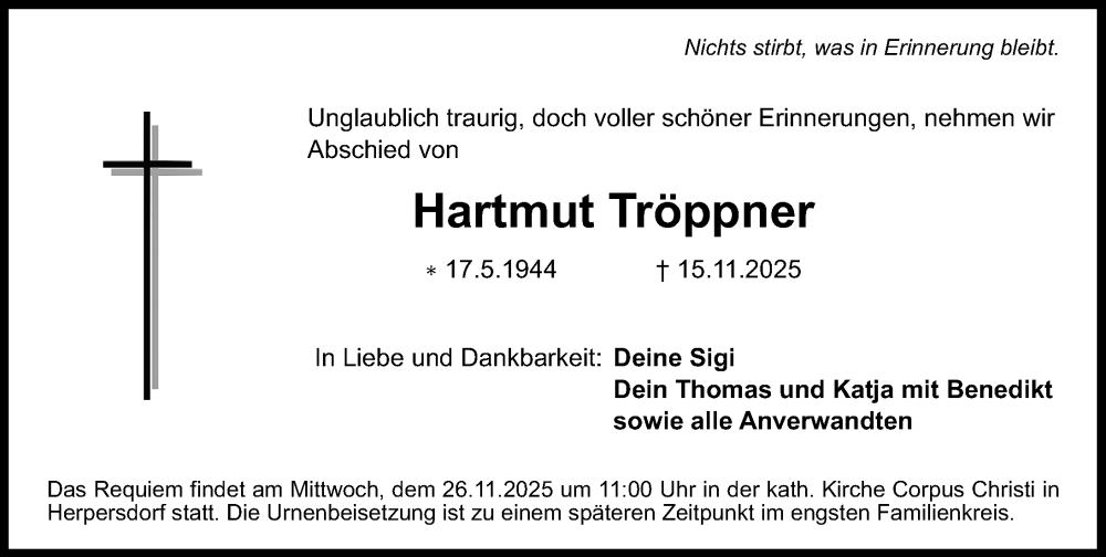  Traueranzeige für Hartmut Tröppner vom 22.11.2025 aus Gesamtausgabe Nürnberger Nachrichten/ Nürnberger Ztg.