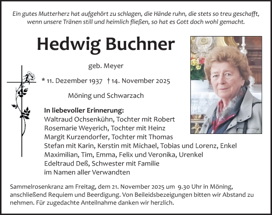 Traueranzeige von Hedwig Buchner von Neumarkter Nachrichten Lokal