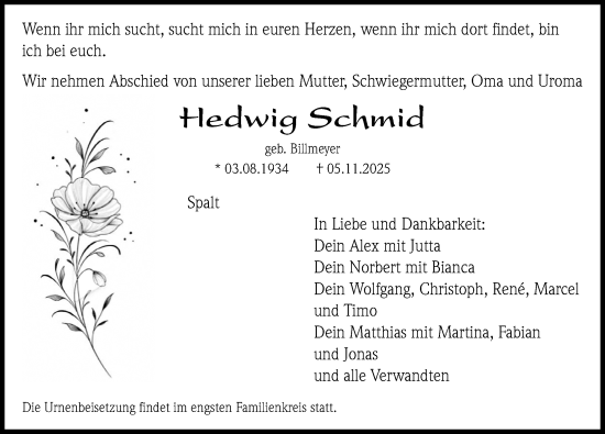 Traueranzeige von Hedwig Schmid von Roth-Hilpoltsteiner Volkszeitung Lokal