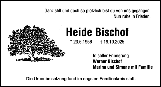 Traueranzeige von Heide Bischof von Gesamtausgabe Nürnberger Nachrichten/ Nürnberger Ztg.