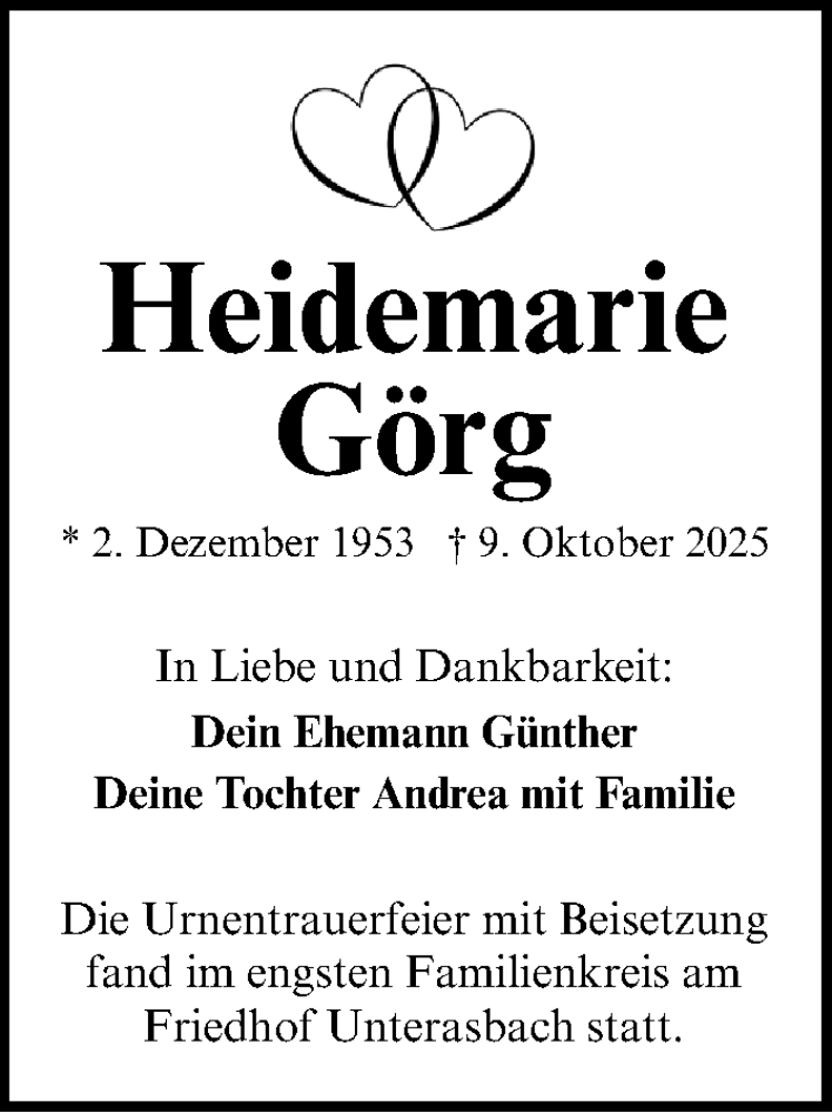  Traueranzeige für Heidemarie Görg vom 08.11.2025 aus Fürther Nachrichten Lokal