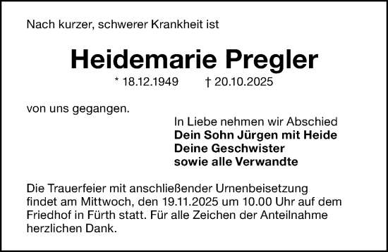 Traueranzeige von Heidemarie Pregler von Gesamtausgabe Nürnberger Nachrichten/ Nürnberger Ztg.