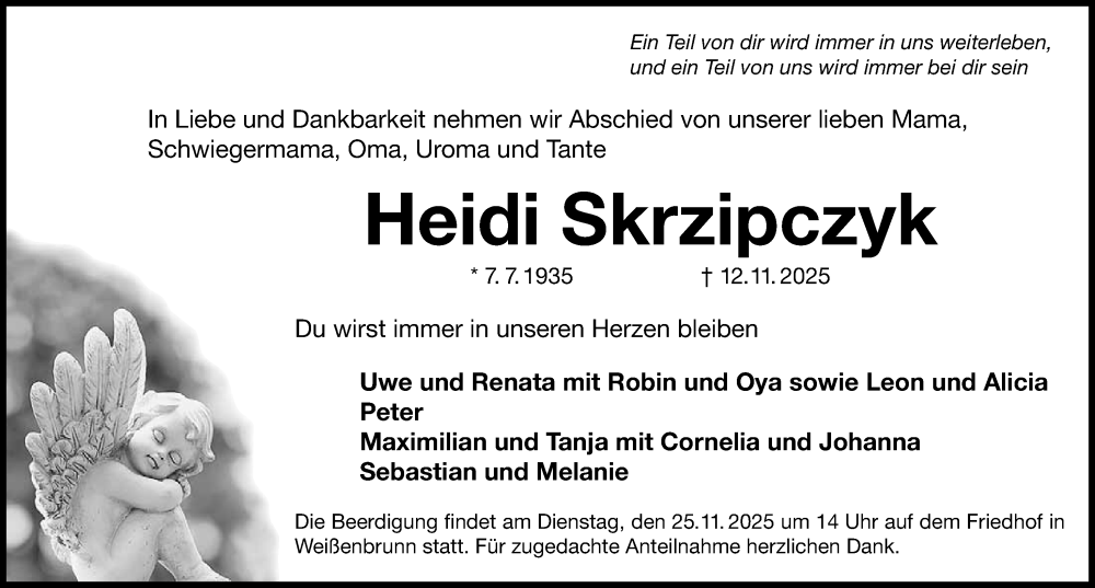  Traueranzeige für Heidi Skrzipczyk vom 22.11.2025 aus Gesamtausgabe Nürnberger Nachrichten/ Nürnberger Ztg.