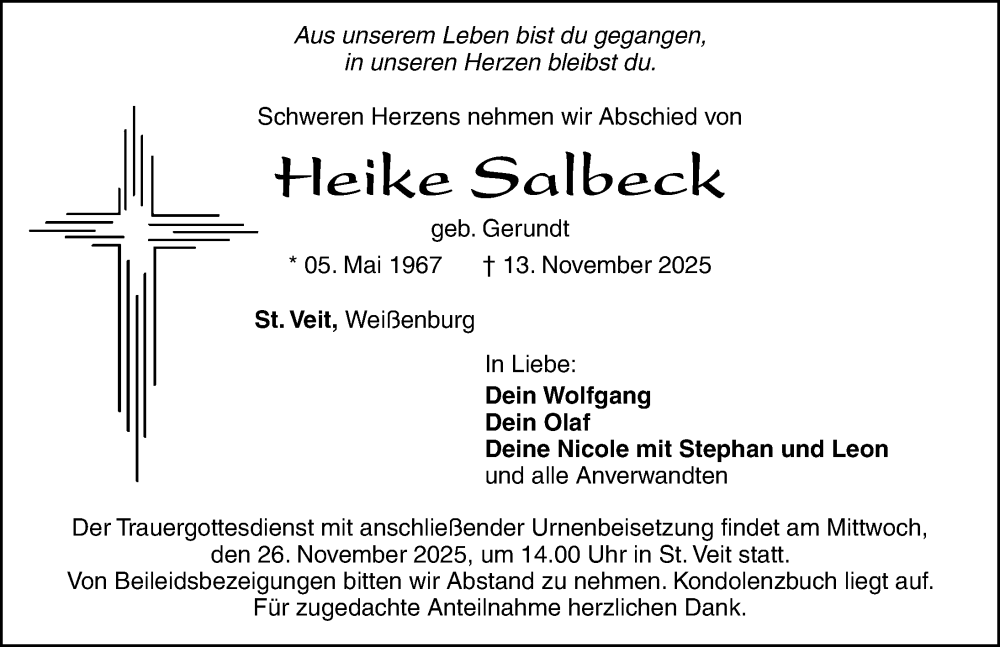  Traueranzeige für Heike Salbeck vom 22.11.2025 aus Altmühl-Bote Lokal