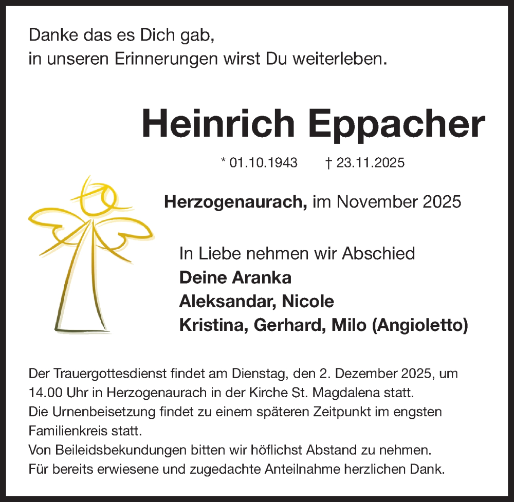  Traueranzeige für Heinrich Eppacher vom 29.11.2025 aus Nordbayerische Nachrichten Herzogenaurach Lokal