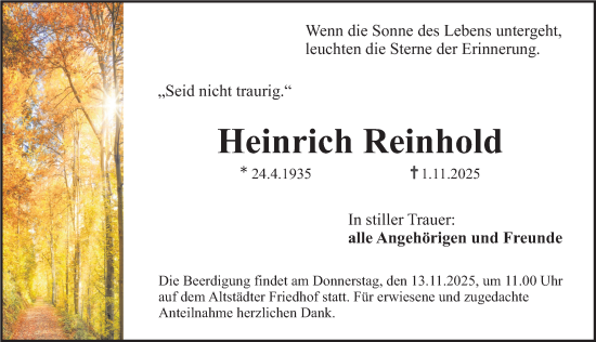 Traueranzeige von Heinrich Reinhold von Erlanger Nachrichten Lokal