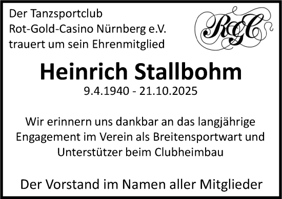 Traueranzeige von Heinrich Stallbohm von Gesamtausgabe Nürnberger Nachrichten/ Nürnberger Ztg.