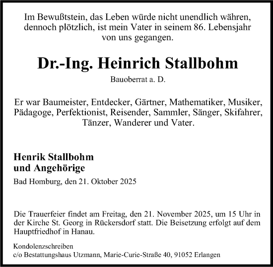 Traueranzeige von Heinrich Stallbohm von Gesamtausgabe Nürnberger Nachrichten/ Nürnberger Ztg.