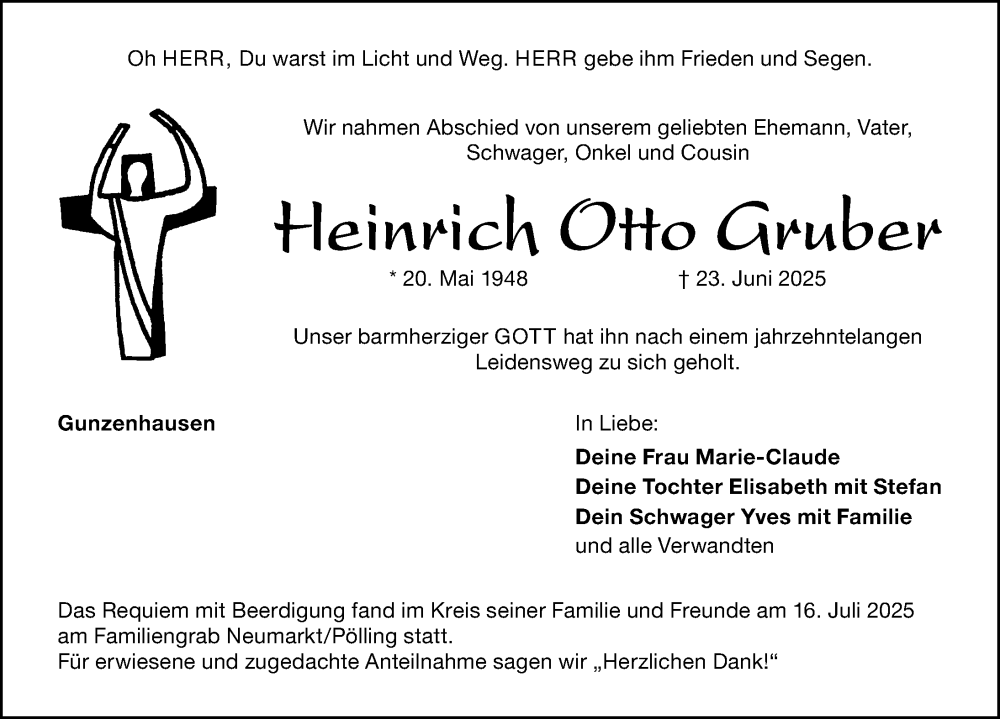  Traueranzeige für Heinrich Otto Gruber vom 15.11.2025 aus Altmühl-Bote Lokal