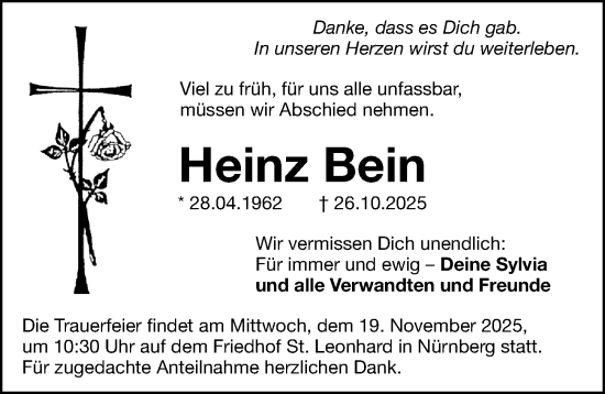 Traueranzeige von Heinz Bein von Gesamtausgabe Nürnberger Nachrichten/ Nürnberger Ztg.