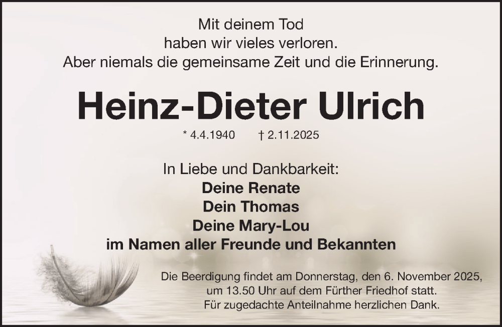  Traueranzeige für Heinz-Dieter Ulrich vom 05.11.2025 aus Fürther Nachrichten Lokal