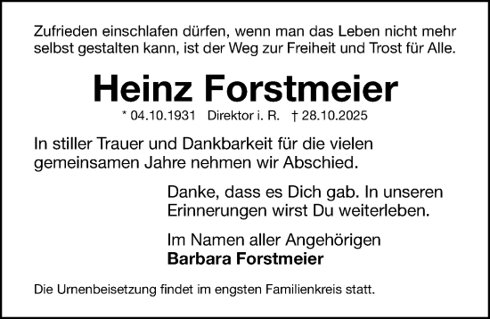 Traueranzeige von Heinz Forstmeier von Gesamtausgabe Nürnberger Nachrichten/ Nürnberger Ztg.