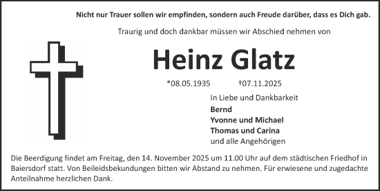 Traueranzeige von Heinz Glatz von Erlanger Nachrichten Lokal