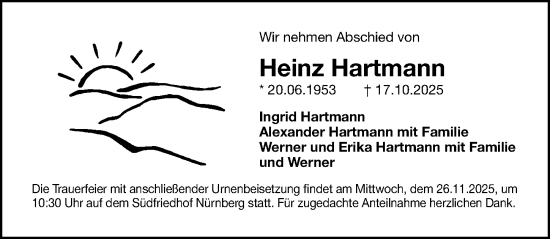 Traueranzeige von Heinz Hartmann von Gesamtausgabe Nürnberger Nachrichten/ Nürnberger Ztg.
