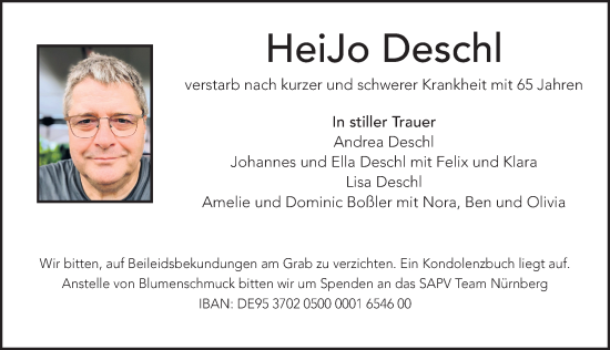 Traueranzeige von Heinz-Jochen Deschl von Gesamtausgabe Nürnberger Nachrichten/ Nürnberger Ztg.