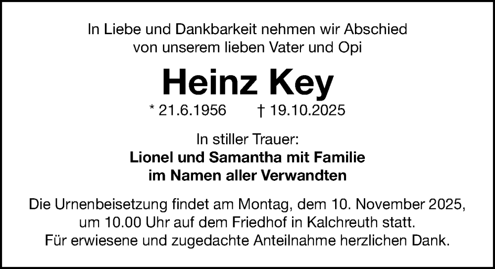  Traueranzeige für Heinz Key vom 08.11.2025 aus Gesamtausgabe Nürnberger Nachrichten/ Nürnberger Ztg.