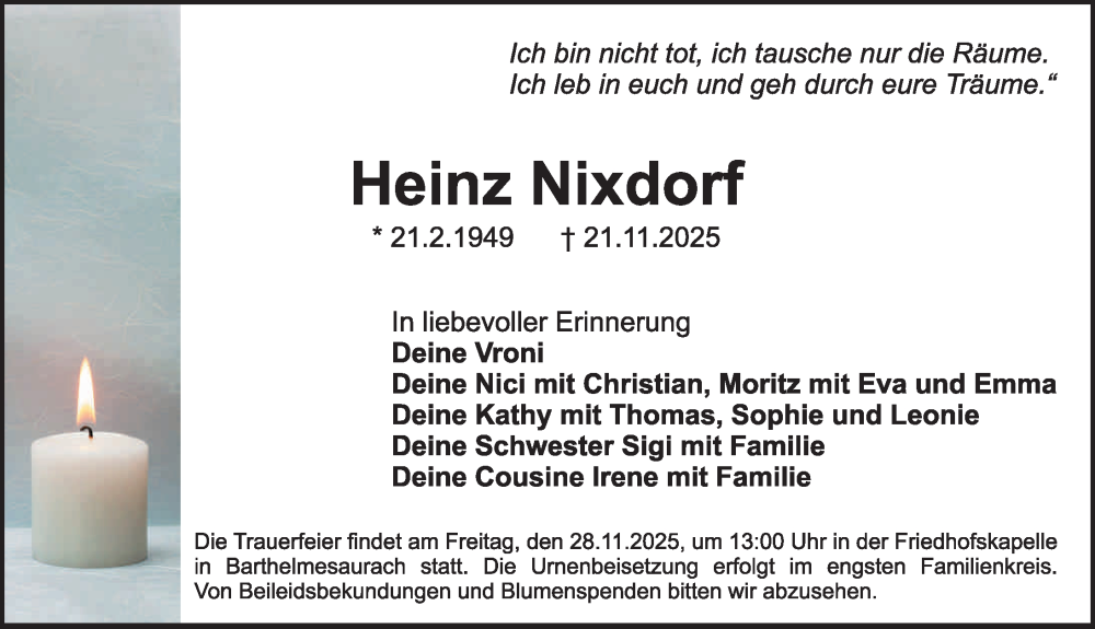  Traueranzeige für Heinz Nixdorf vom 26.11.2025 aus Schwabacher Tagblatt Lokal