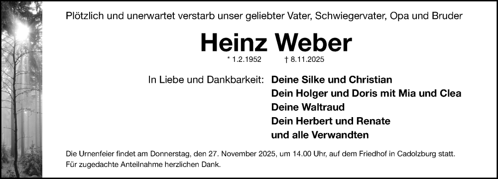  Traueranzeige für Heinz Weber vom 22.11.2025 aus Fürther Nachrichten Lokal
