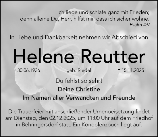 Traueranzeige von Helene Reutter von Gesamtausgabe Nürnberger Nachrichten/ Nürnberger Ztg.