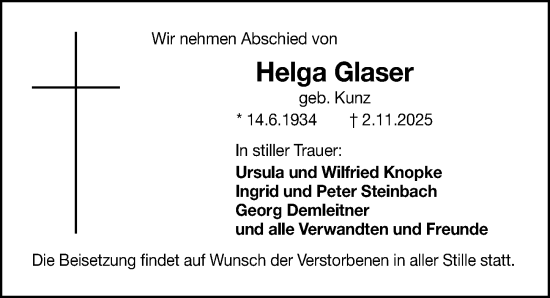 Traueranzeige von Helga Glaser von Gesamtausgabe Nürnberger Nachrichten/ Nürnberger Ztg.