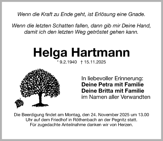 Traueranzeige von Helga Hartmann von Gesamtausgabe Nürnberger Nachrichten/ Nürnberger Ztg.