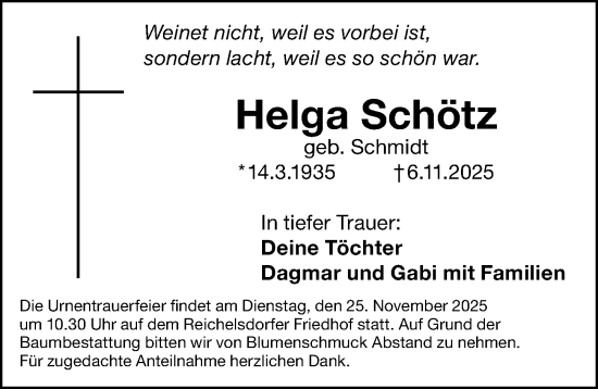 Traueranzeige von Helga Schötz von Gesamtausgabe Nürnberger Nachrichten/ Nürnberger Ztg.