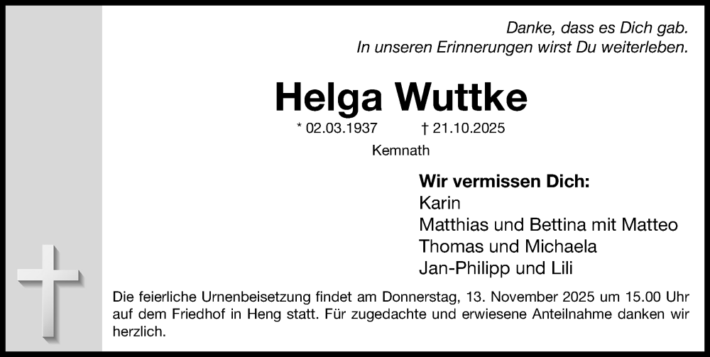 Traueranzeige für Helga Wuttke vom 08.11.2025 aus Neumarkter Nachrichten Lokal