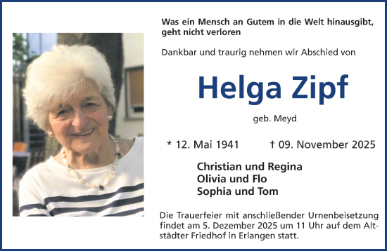 Traueranzeige von Helga Zipf von Erlanger Nachrichten Lokal