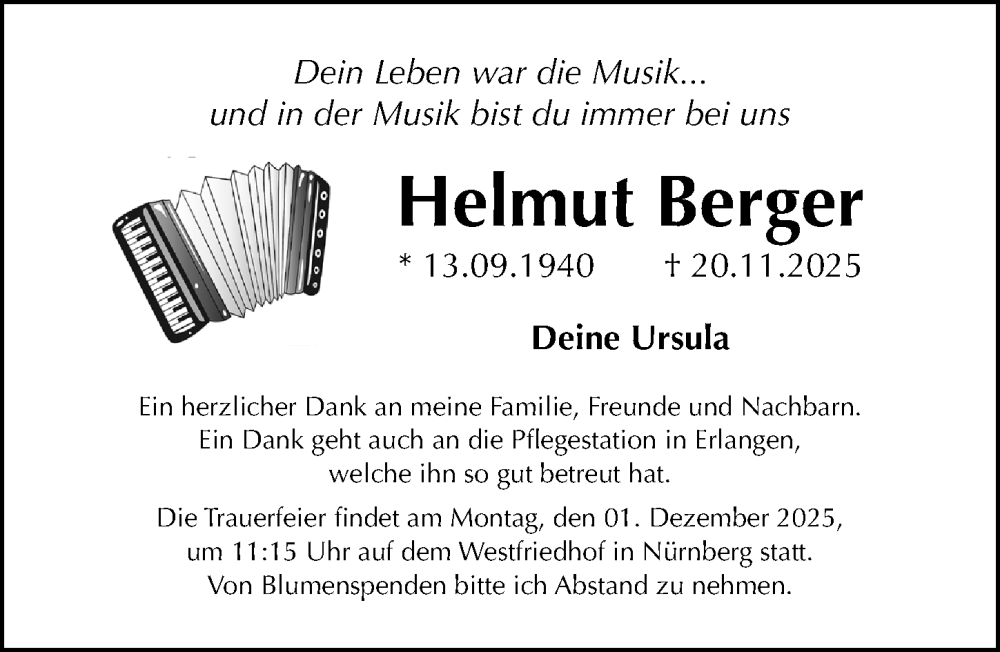  Traueranzeige für Helmut Berger vom 29.11.2025 aus Gesamtausgabe Nürnberger Nachrichten/ Nürnberger Ztg.