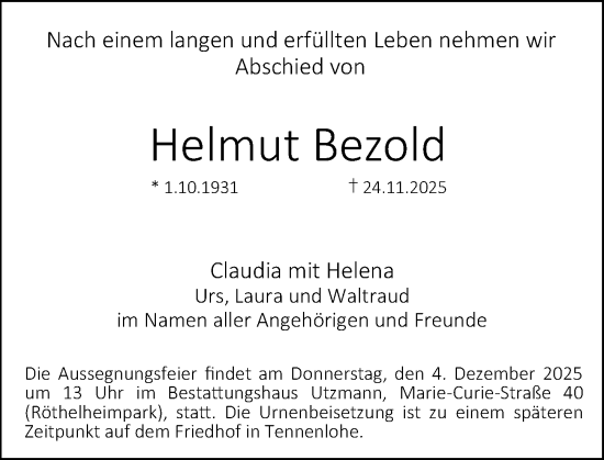 Traueranzeige von Helmut Bezold von Erlanger Nachrichten Lokal