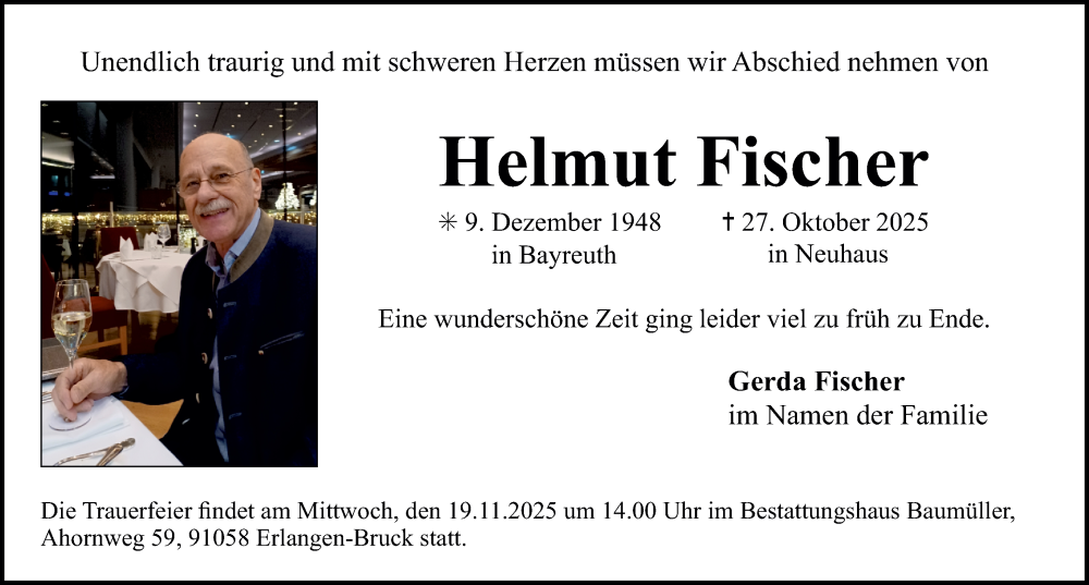  Traueranzeige für Helmut Fischer vom 15.11.2025 aus Erlanger Nachrichten Lokal