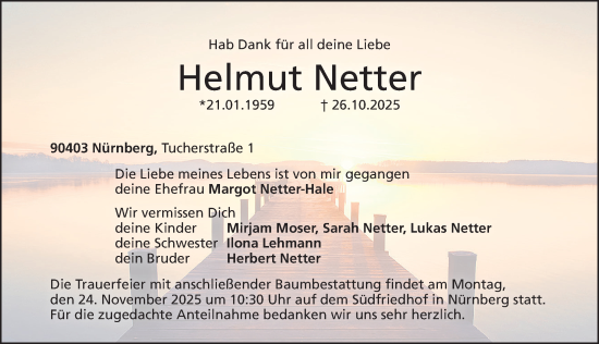 Traueranzeige von Helmut Netter von Gesamtausgabe Nürnberger Nachrichten/ Nürnberger Ztg.