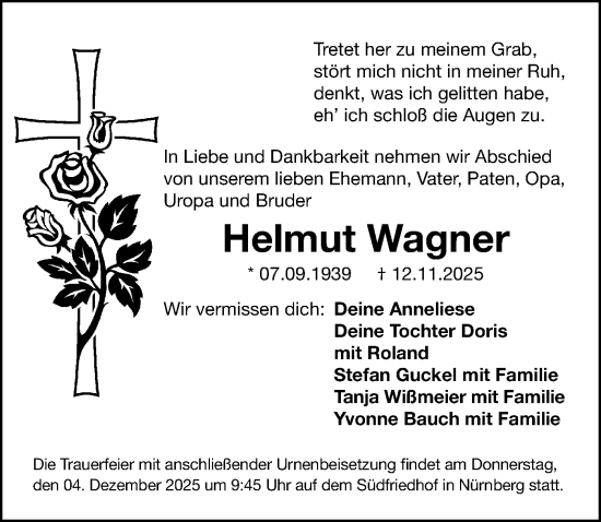 Traueranzeige von Helmut Wagner von Gesamtausgabe Nürnberger Nachrichten/ Nürnberger Ztg.