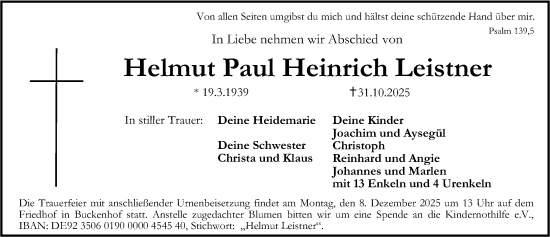 Traueranzeige von Helmut Paul Heinrich Leistner von Erlanger Nachrichten Lokal