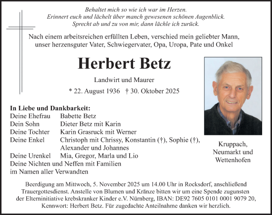 Traueranzeige von Herbert Betz von Neumarkter Nachrichten Lokal