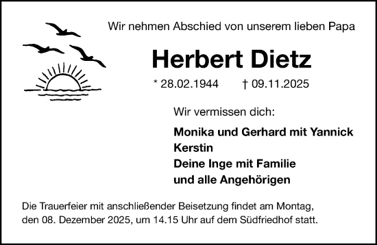Traueranzeige von Herbert Dietz von Gesamtausgabe Nürnberger Nachrichten/ Nürnberger Ztg.