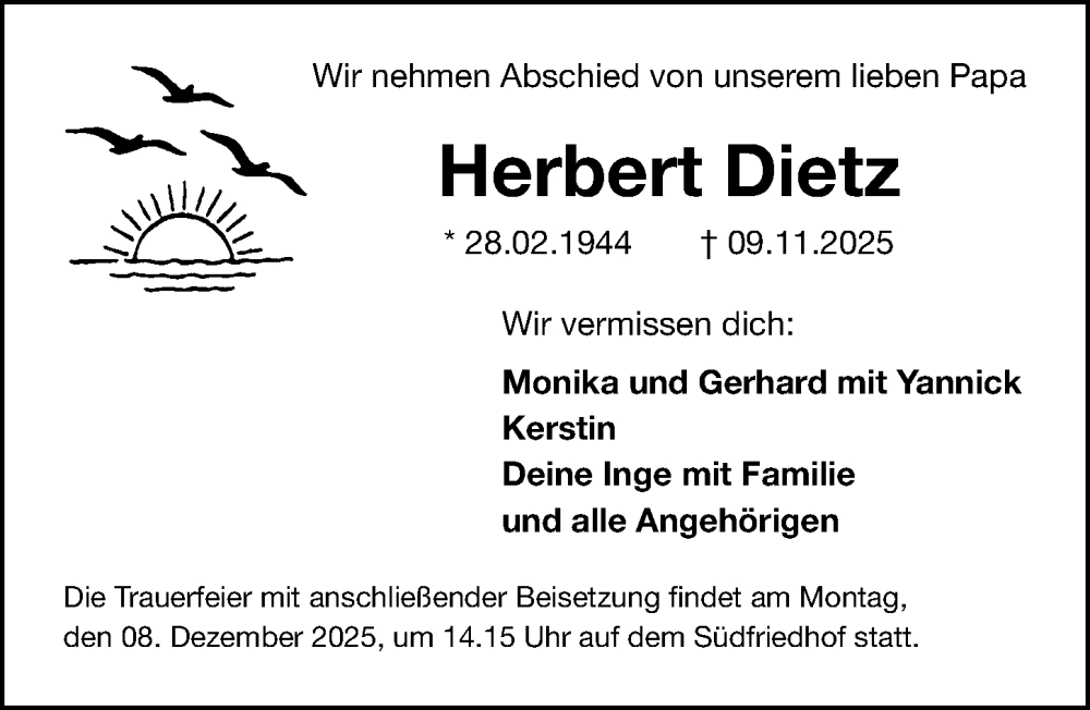  Traueranzeige für Herbert Dietz vom 29.11.2025 aus Gesamtausgabe Nürnberger Nachrichten/ Nürnberger Ztg.