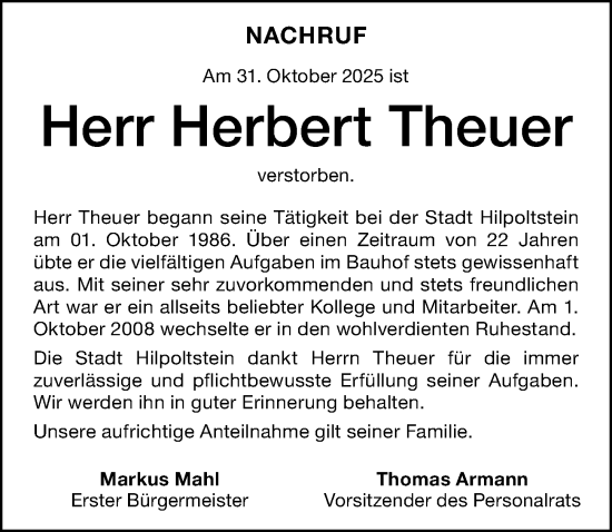 Traueranzeige von Herbert Theuer von Roth-Hilpoltsteiner Volkszeitung Lokal