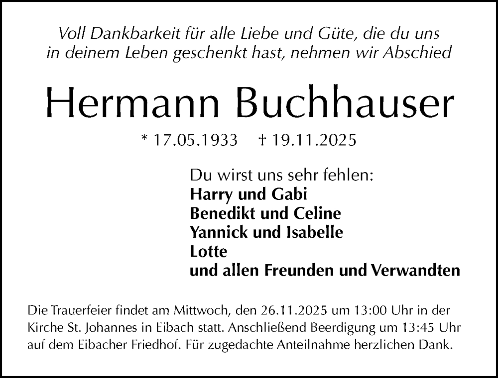  Traueranzeige für Hermann Buchhauser vom 22.11.2025 aus Gesamtausgabe Nürnberger Nachrichten/ Nürnberger Ztg.