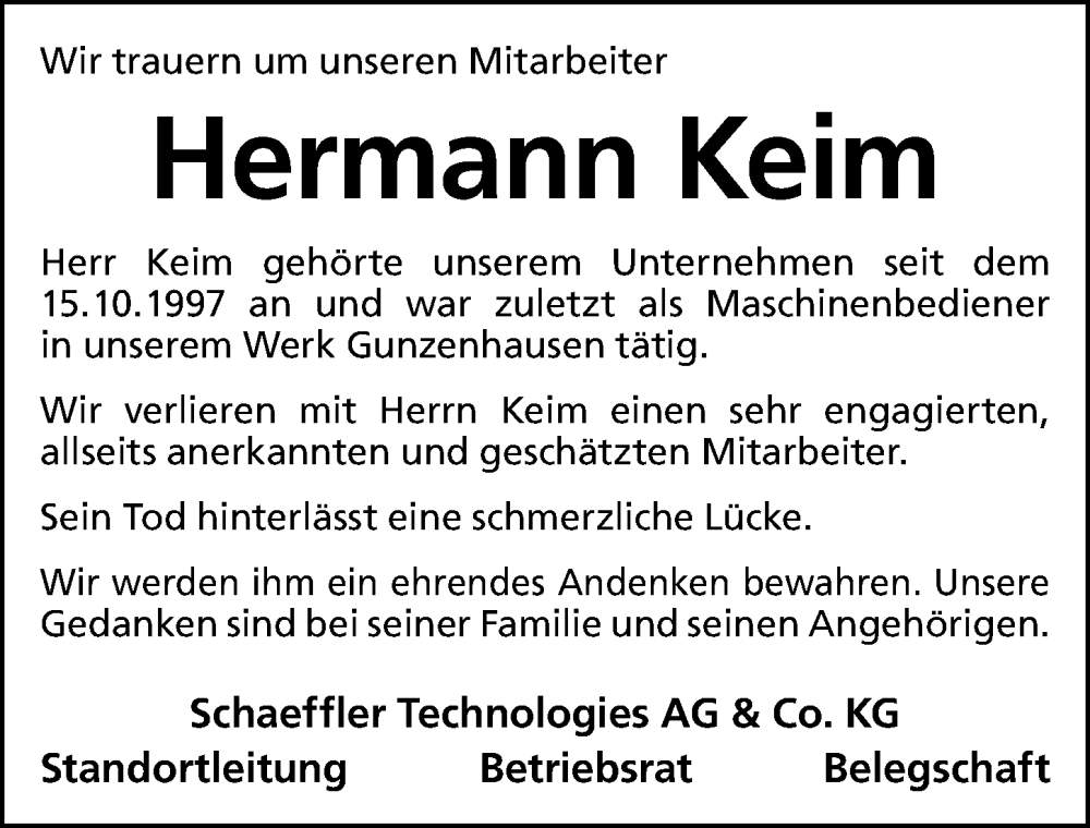  Traueranzeige für Hermann Karl Keim vom 29.11.2025 aus Altmühl-Bote Lokal