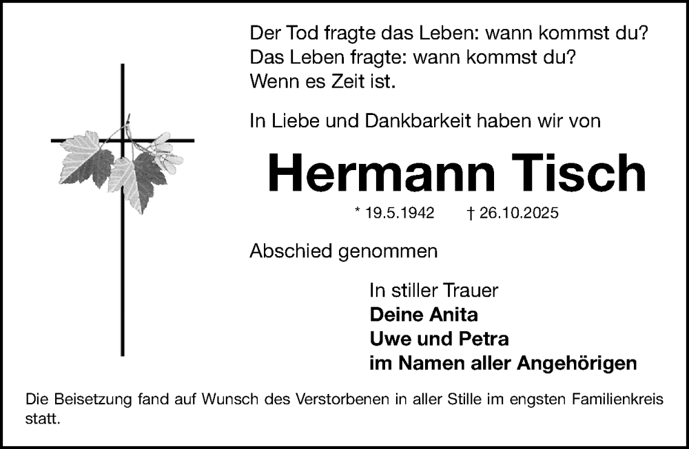  Traueranzeige für Hermann Tisch vom 22.11.2025 aus Fürther Nachrichten Lokal
