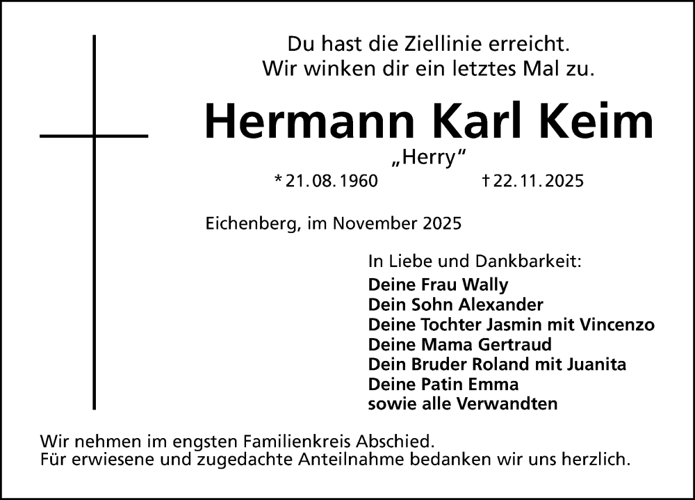  Traueranzeige für Hermann Karl Keim vom 29.11.2025 aus Altmühl-Bote Lokal